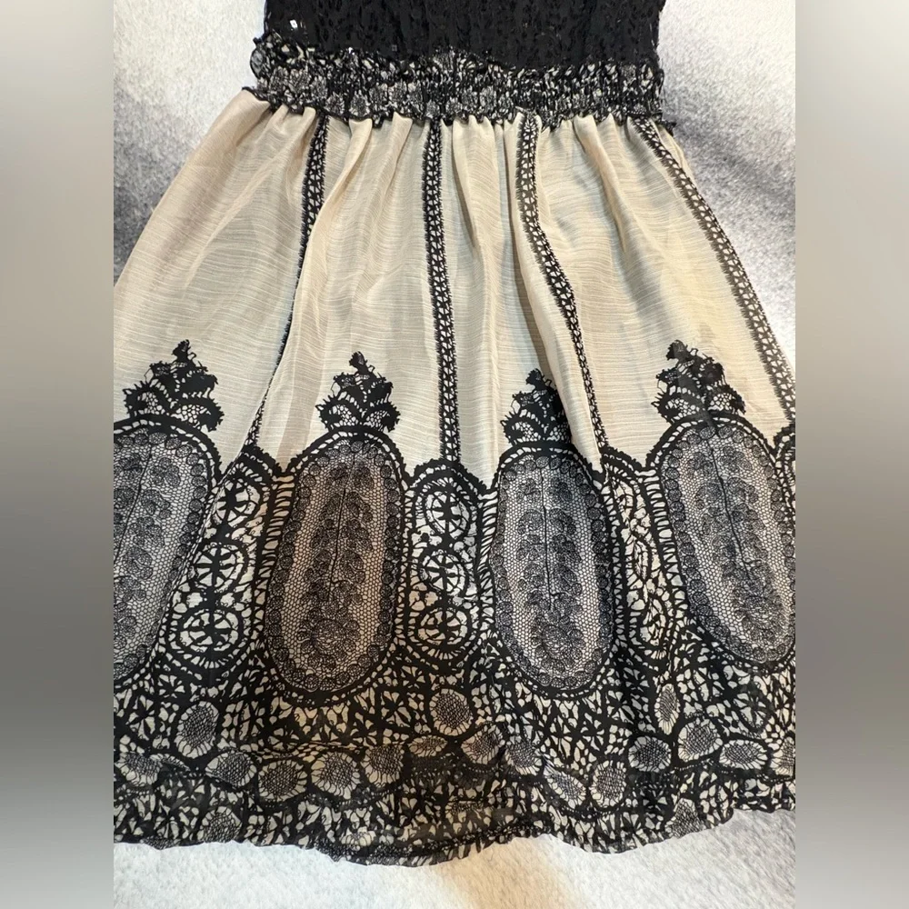 American‎ Rag Cie Black Cream Sequin Organza Print Fit Flare Dress Medium M